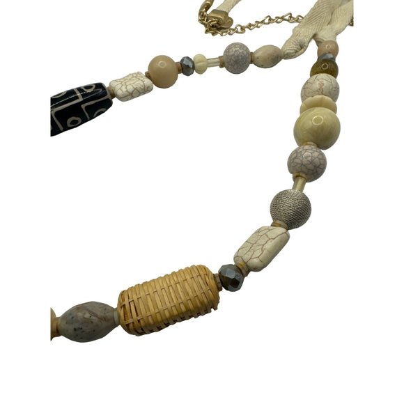 Chico's Multimedia Beaded Necklace Glass Stone Wicker Tans and Grays - Picture 4 of 5
